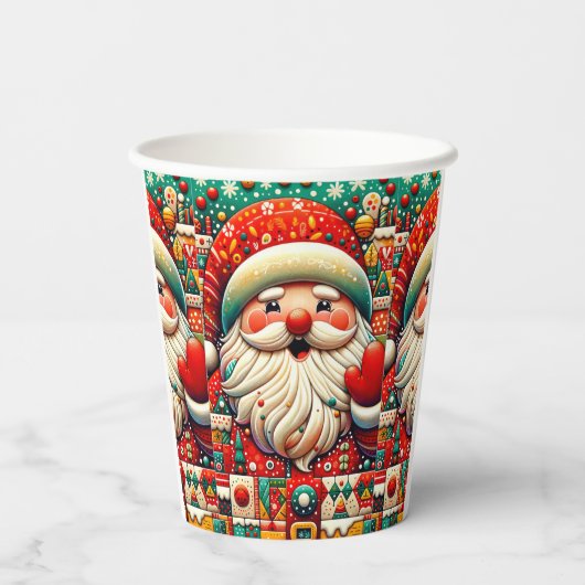 Feestelijke Kerstman met heldere kleuren en speelg Papieren Bekers (Achterkant)