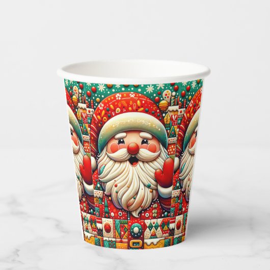 Feestelijke Kerstman met heldere kleuren en speelg Papieren Bekers (Voorkant)