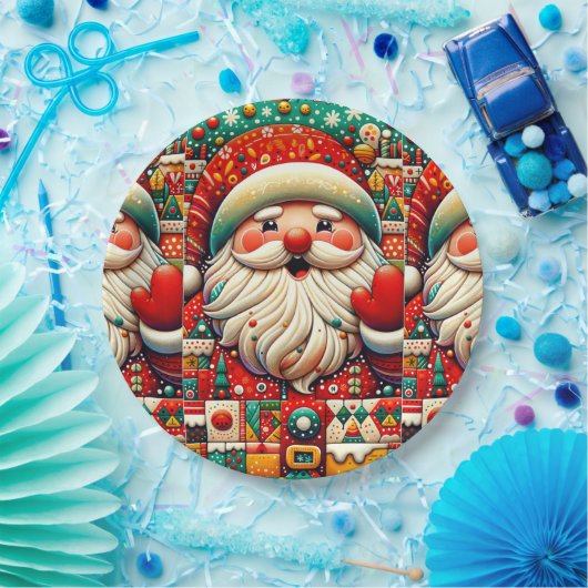 Feestelijke Kerstman met heldere kleuren en speelg Papieren Bordje (Feest)
