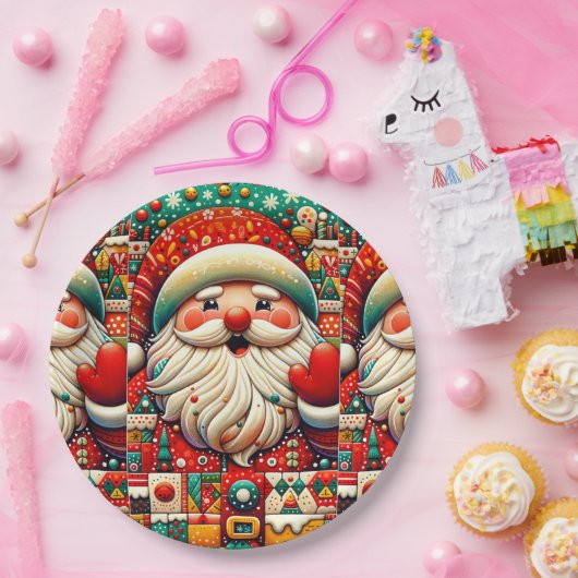 Feestelijke Kerstman met heldere kleuren en speelg Papieren Bordje (Feest)