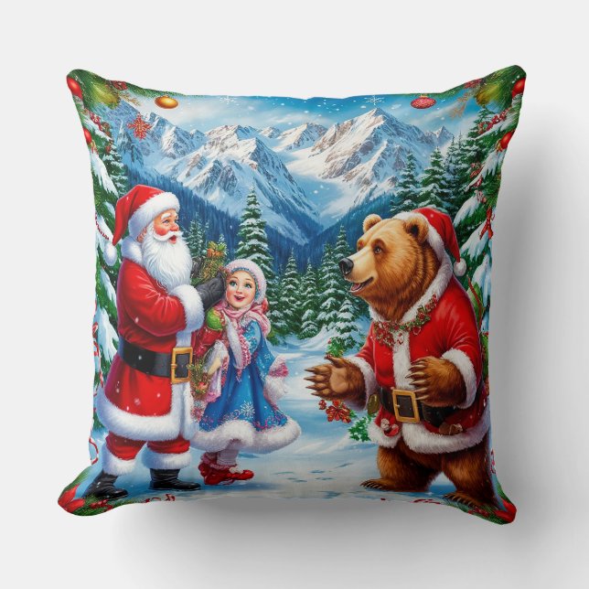 Feestelijke Kerstman met meisje en Beer Kussen (Voorkant)