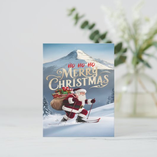 Feestelijke Kerstman Swooshing Down Sneeuwpistes Briefkaart (Staand voorkant)