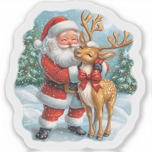 Feestelijke Kerstman & Vrolijke Rendier Sticker (Voorkant)