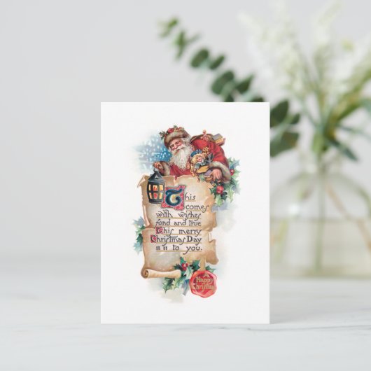 Feestelijke Kerstman w / lantaarn en scroll en gro Briefkaart (Staand voorkant)
