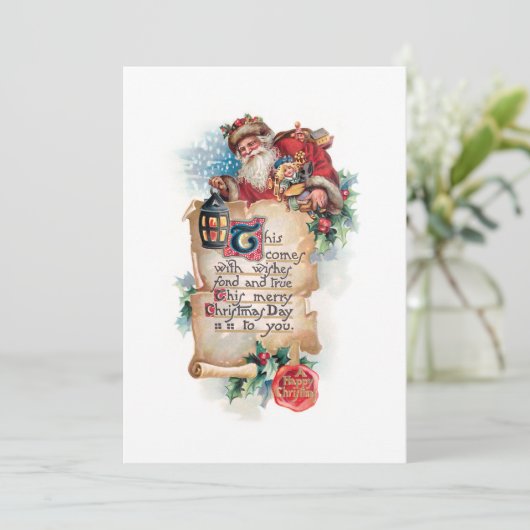 Feestelijke Kerstman w / lantaarn en scroll en gro Feestdagenkaart (Staand voorkant)