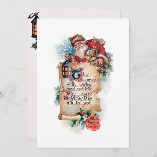 Feestelijke Kerstman w / lantaarn en scroll en gro Feestdagenkaart (Voorkant / Achterkant)