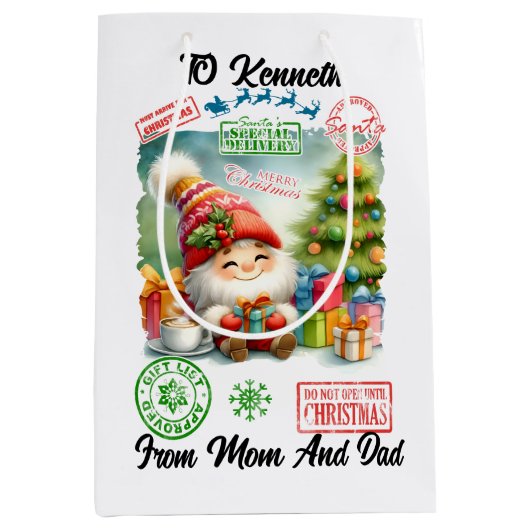 Feestelijke Kerstman zak met geschenken & Elfen Medium Cadeauzakje (Voorkant)