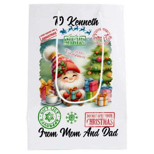 Feestelijke Kerstman zak met geschenken & Elfen Medium Cadeauzakje (Achterkant)