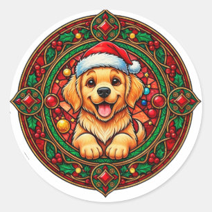 Feestelijke Kerstmanhoed Hond Cartoon Ronde Sticker