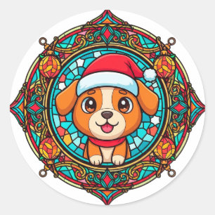 Feestelijke Kerstmanhoed Hond Cartoon Ronde Sticker