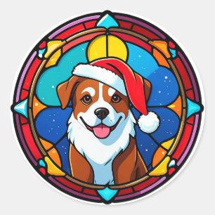 Feestelijke Kerstmanhoed Hond Cartoon Ronde Sticker