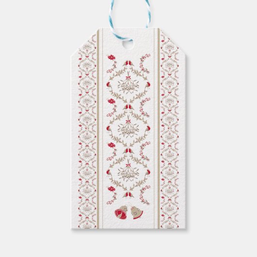 Feestelijke Kerstmis Bloemen Damask | Rood Beige Cadeaulabel (Voorkant)