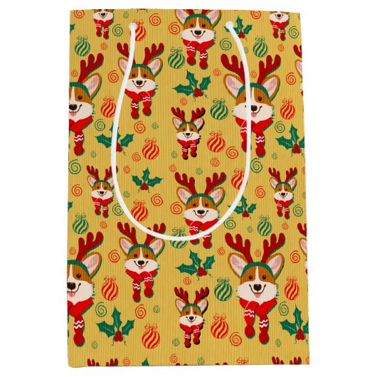 Feestelijke Kerstmis Corgi Hond Medium Cadeauzakje (Voorkant)