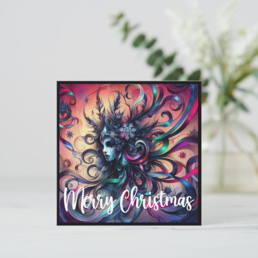 Feestelijke Kerstmis Goth in Lintjes Ijs Kristalle Feestdagenkaart (Staand voorkant)