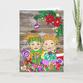 Feestelijke Kerstmis Meisje en Jongens Elfjes Kaart (Voorkant)