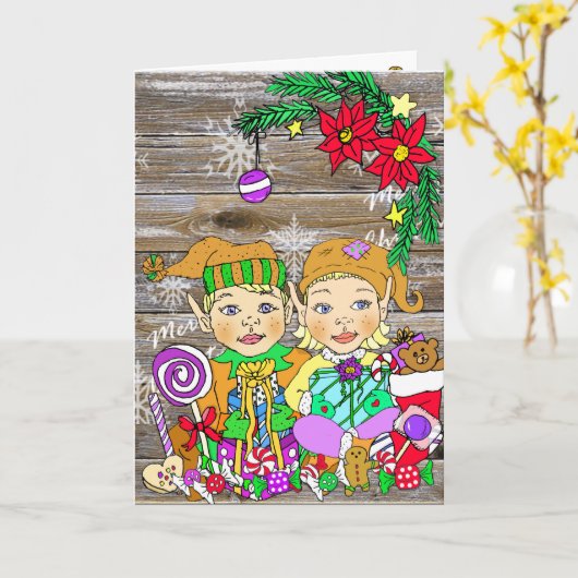 Feestelijke Kerstmis Meisje en Jongens Elfjes Kaart (Gele Bloem)