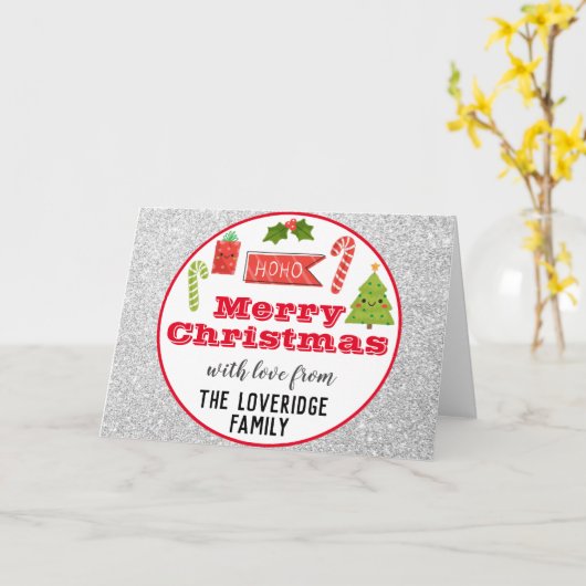 Feestelijke Kerstmis Rood Zilver Glitter Kaart (Gele Bloem)