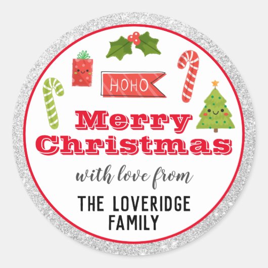 Feestelijke Kerstmis Rood Zilver Glitters Ronde Sticker (Voorkant)