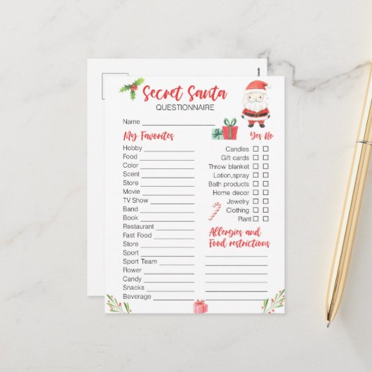 Feestelijke Kerstmis Secret Santa spel Feestdagenkaart (Voorkant / Achterkant in situ)