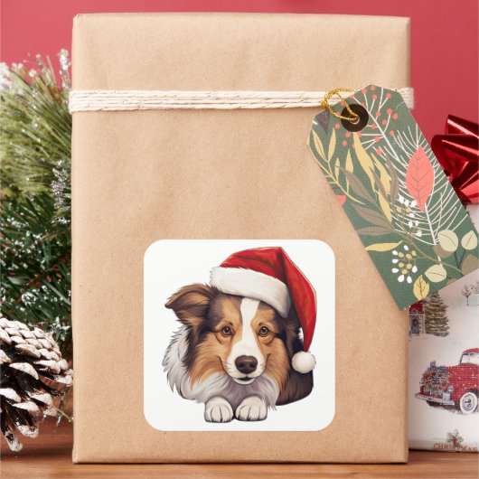 Feestelijke Kerstmis Shetland Sheepdog Vierkante Sticker (Feestdagen)