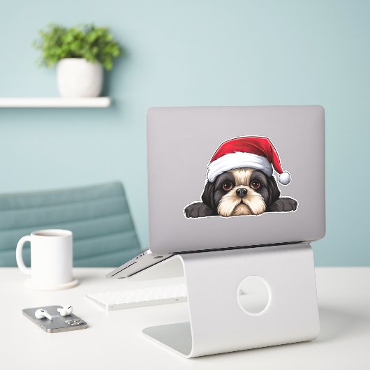 Feestelijke Kerstmis Shih Tzu Kiss Cut Sticker (Laptop op bureau)