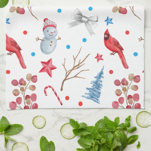 Feestelijke Kerstmis Sneeuwmannen Rode Kardinalen  Theedoek (Gevouwen)