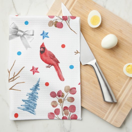 Feestelijke Kerstmis Sneeuwmannen Rode Kardinalen  Theedoek (Quarter Fold)