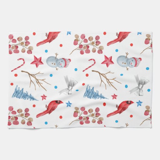 Feestelijke Kerstmis Sneeuwmannen Rode Kardinalen  Theedoek (Horizontaal)