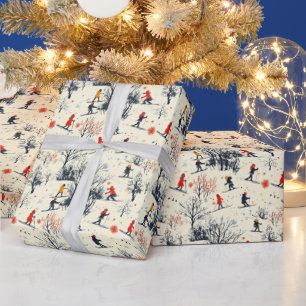 Feestelijke Kerstmis Winter skiën betegeld patroon Cadeaupapier