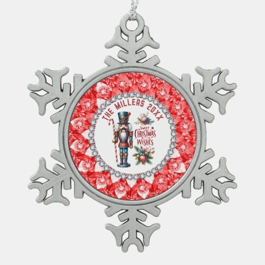 Feestelijke Kerstnotenkrakers Red Diamonds Lijst Tin Sneeuwvlok Ornament (Voorkant)