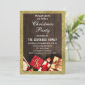 Feestelijke kerstparty geschenken gouden glitters kaart (Staand voorkant)