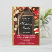 Feestelijke kerstparty rood & goud glitters kaart (Staand voorkant)