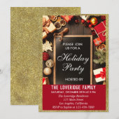 Feestelijke kerstparty rood & goud glitters kaart (Voorkant / Achterkant)