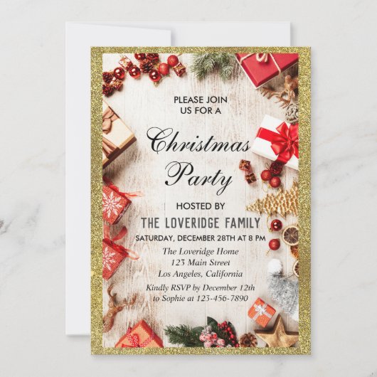 Feestelijke kerstparty wit goud glitter kaart (Voorkant)