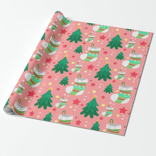 Feestelijke Kerstpatroon van Sterren Kousen Bomen Cadeaupapier (Uitgerold)