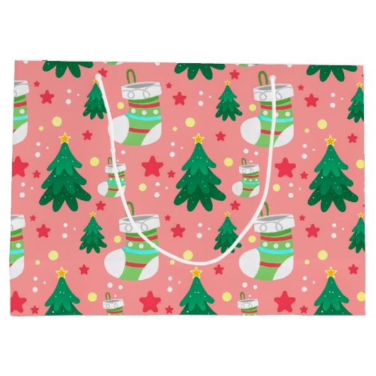 Feestelijke Kerstpatroon van Sterren Kousen Bomen Groot Cadeauzakje (Achterkant)