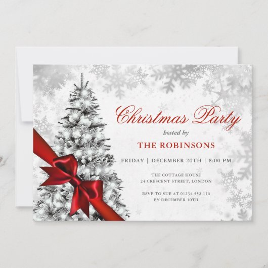 Feestelijke kerstpijnboom, zilver & rood lint kaart (Voorkant)