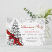 Feestelijke kerstpijnboom, zilver & rood lint kaart (Staand voorkant)