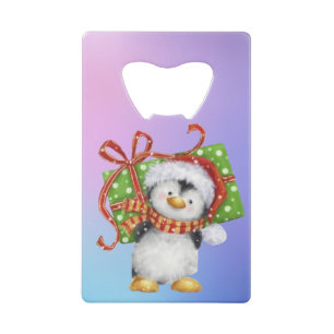 Feestelijke kerstpinguïn met cadeau - Vakantie Dec Creditkaart Flessenopener