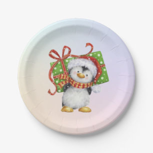 Feestelijke kerstpinguïn met cadeau - Vakantie Dec Papieren Bordje
