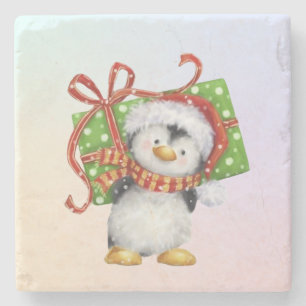 Feestelijke kerstpinguïn met cadeau - Vakantie Dec Stenen Onderzetter