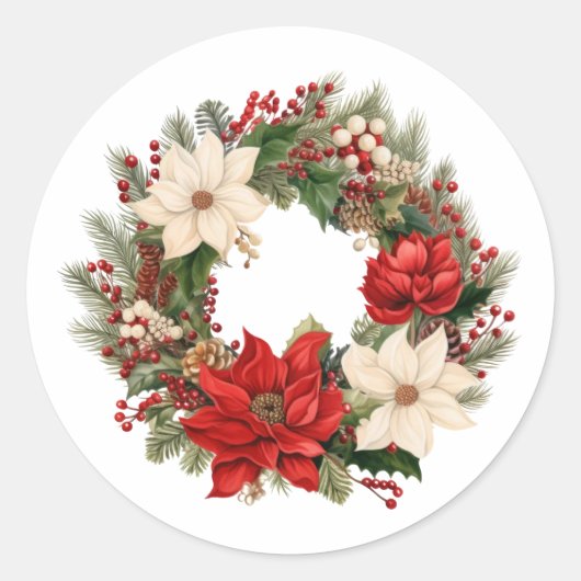 Feestelijke kerstpoinsettia en bessen krans ronde sticker (Voorkant)
