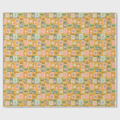 Feestelijke Kerstpostzegels op Gouden Geel Cadeaupapier (Vlak)