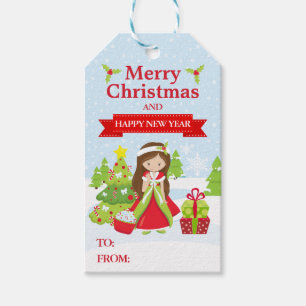 Feestelijke kerstprinses met bruin haar cadeaulabel