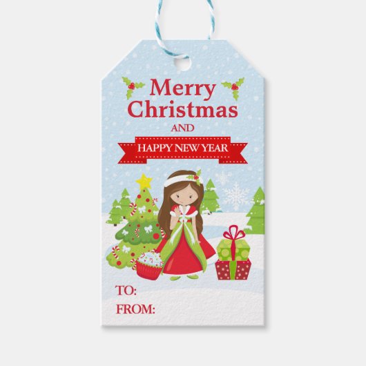 Feestelijke kerstprinses met bruin haar cadeaulabel (Voorkant)