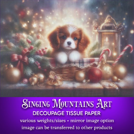 Feestelijke Kerstpuppy in Basket Decoupage Tissuepapier