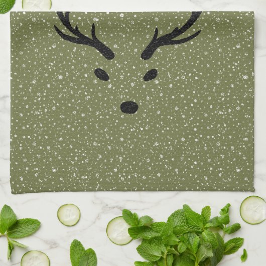 Feestelijke Kerstrendier Sneeuwval Groene Vakantie Theedoek (Gevouwen)