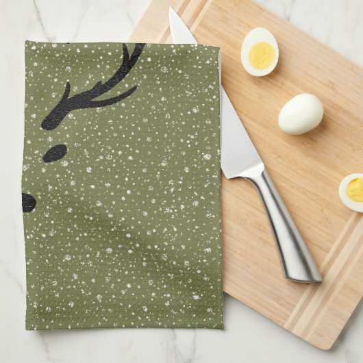 Feestelijke Kerstrendier Sneeuwval Groene Vakantie Theedoek (Quarter Fold)