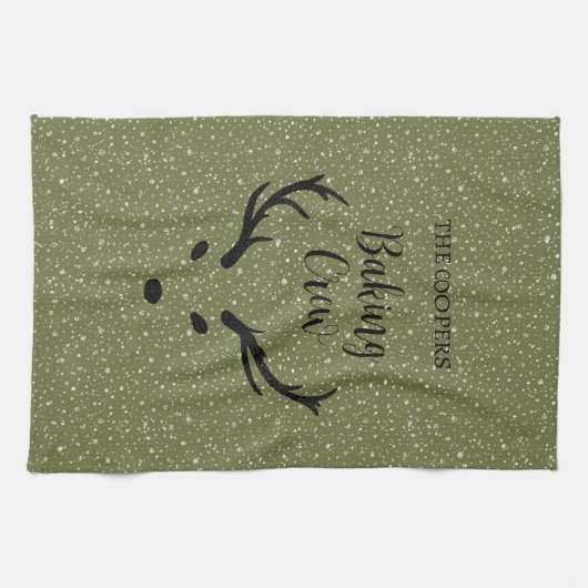 Feestelijke Kerstrendier Sneeuwval Groene Vakantie Theedoek (Horizontaal)