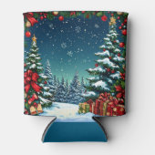 Feestelijke kerstscène met besneeuwde bomen blikjeskoeler (Voorkant)